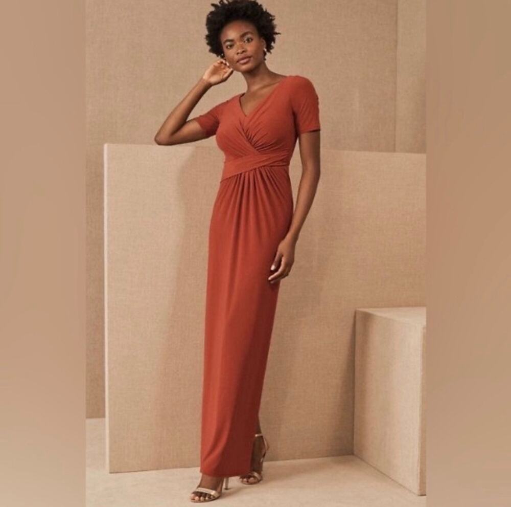 BHLDN Size 12 Chelle Jersey Maxi Dress Burnt Orange Faux Wrap V Neck Back Slit